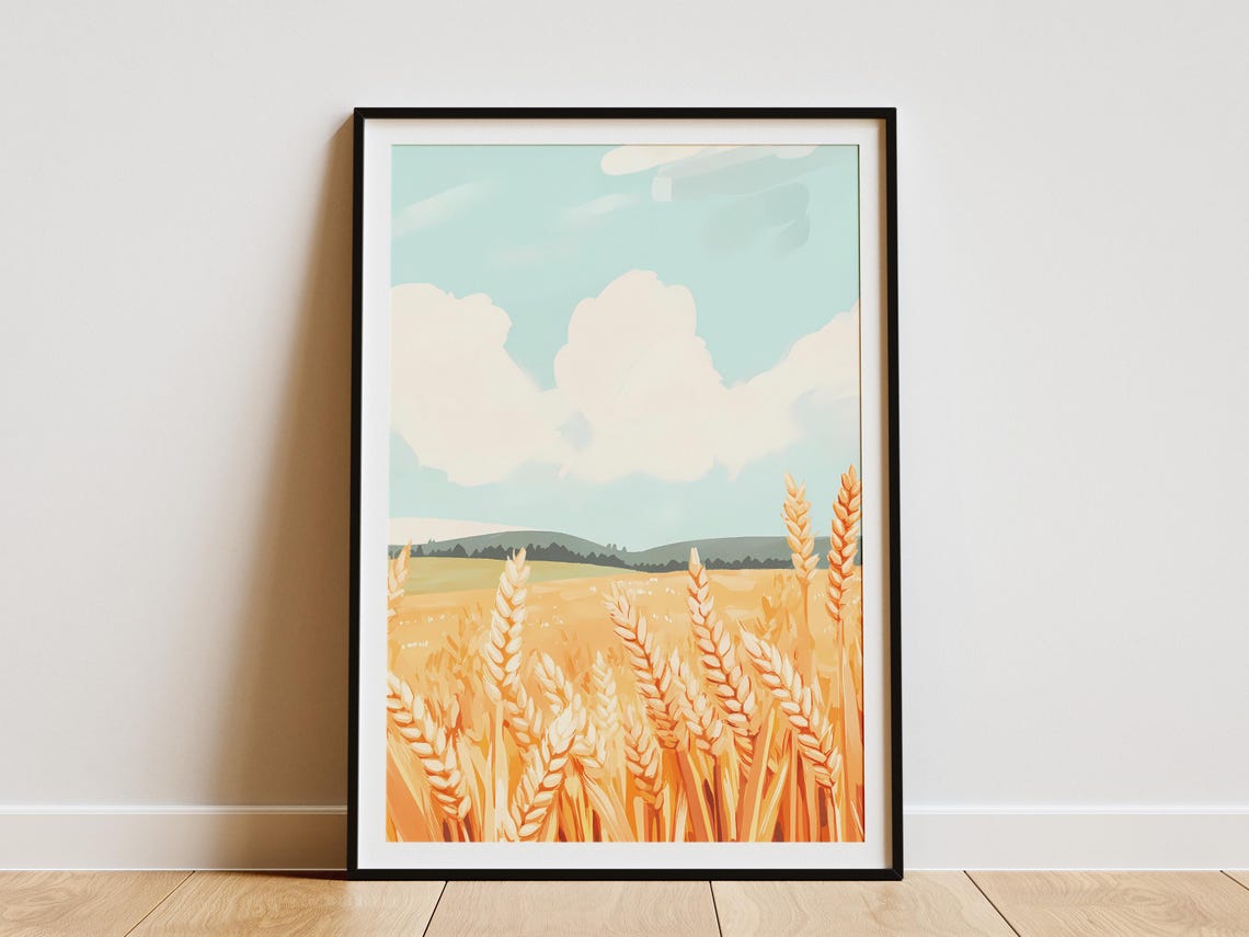 Close-Up Golden Wheat Stalks Swaying Under a Bright Blue Sky Poster