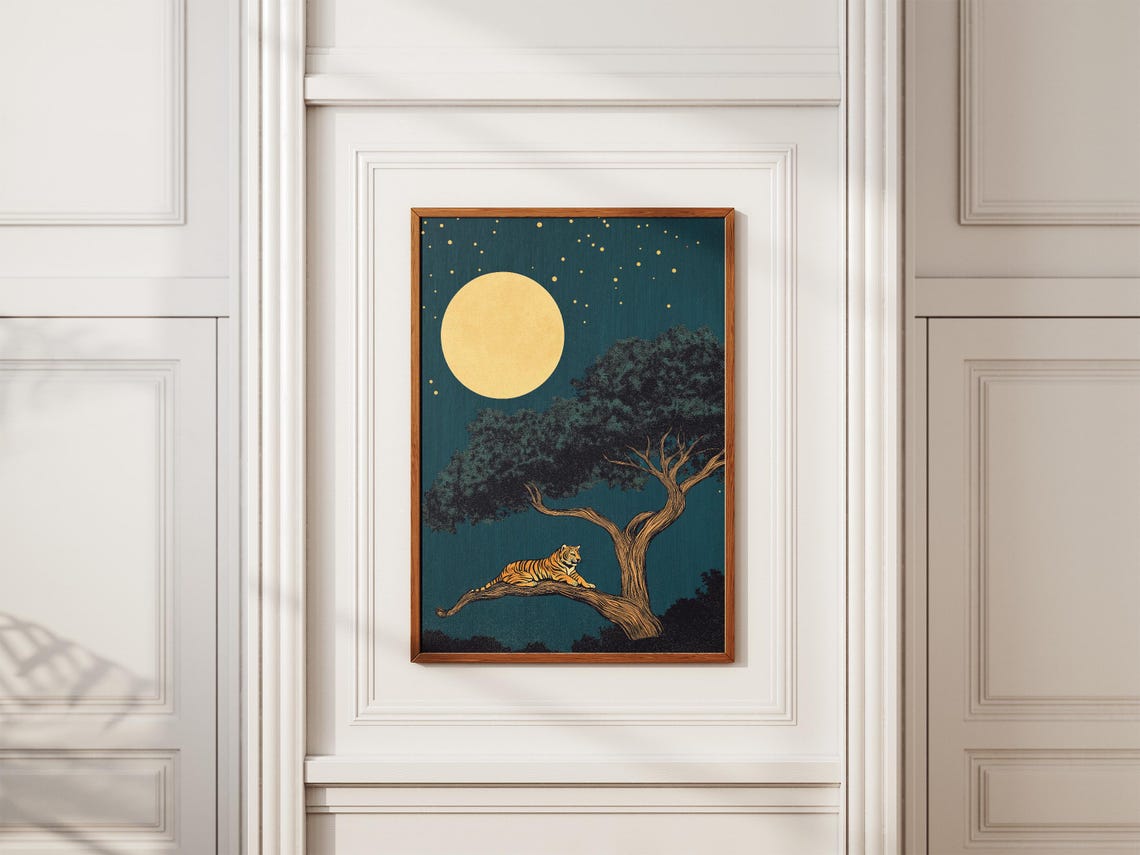 Tiger Resting Under Banyan Tree Golden Moonlit Night Jungle Poster - Image 2