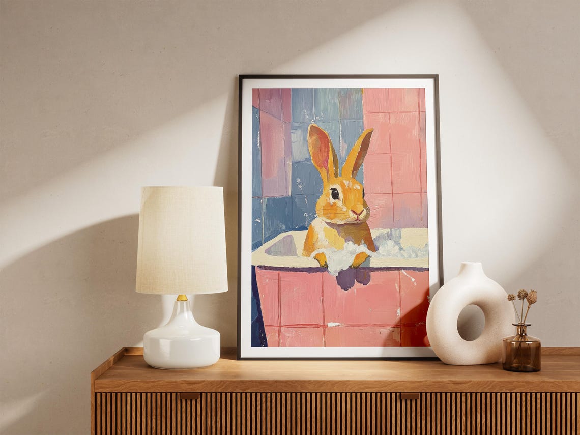 Cheerful Orange Rabbit Soaking In Pink Bubble Bath Bathroom Poster - Image 5