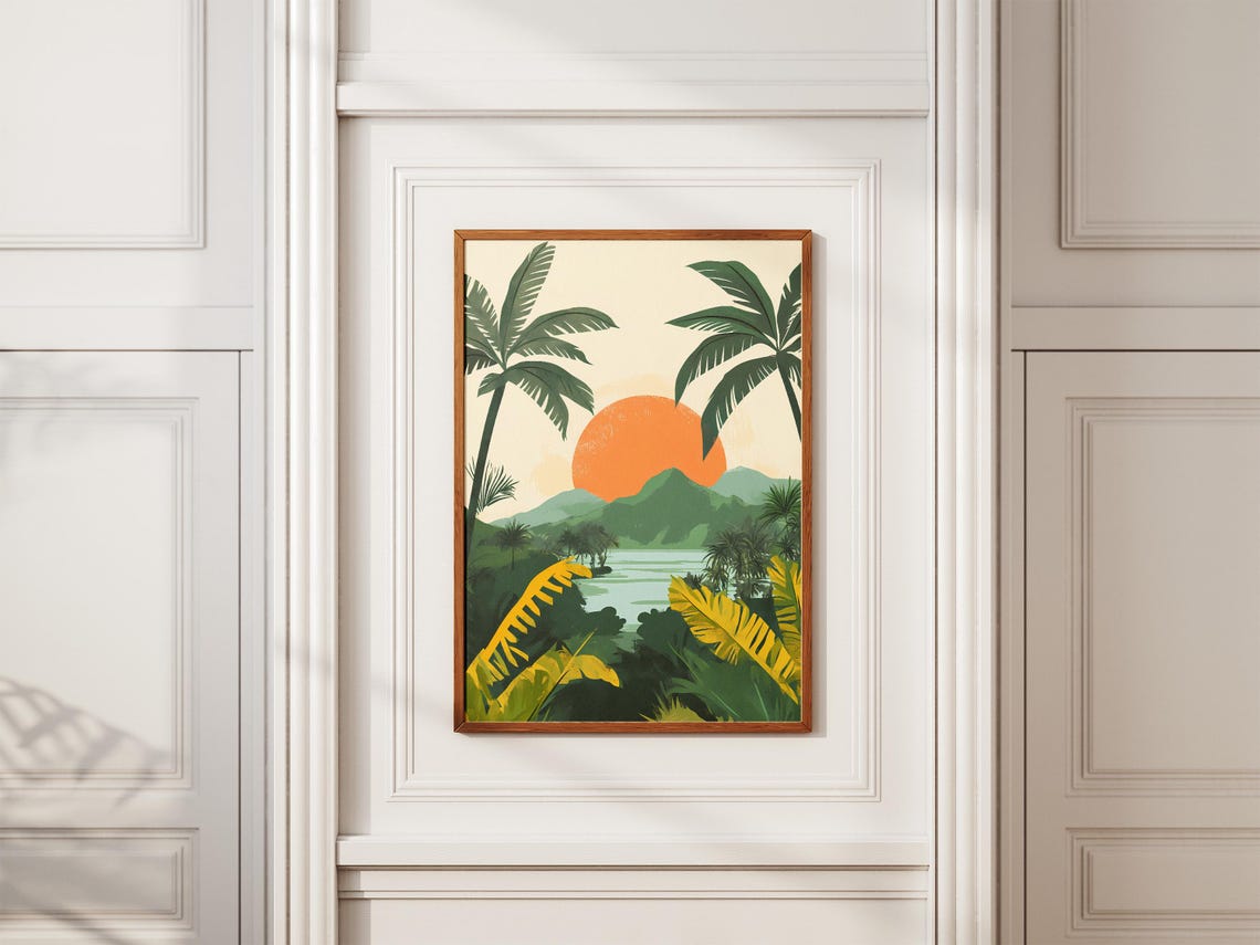 Guanacaste Costa Rica Sunset Palm Trees Mountain Lake Poster - Image 2