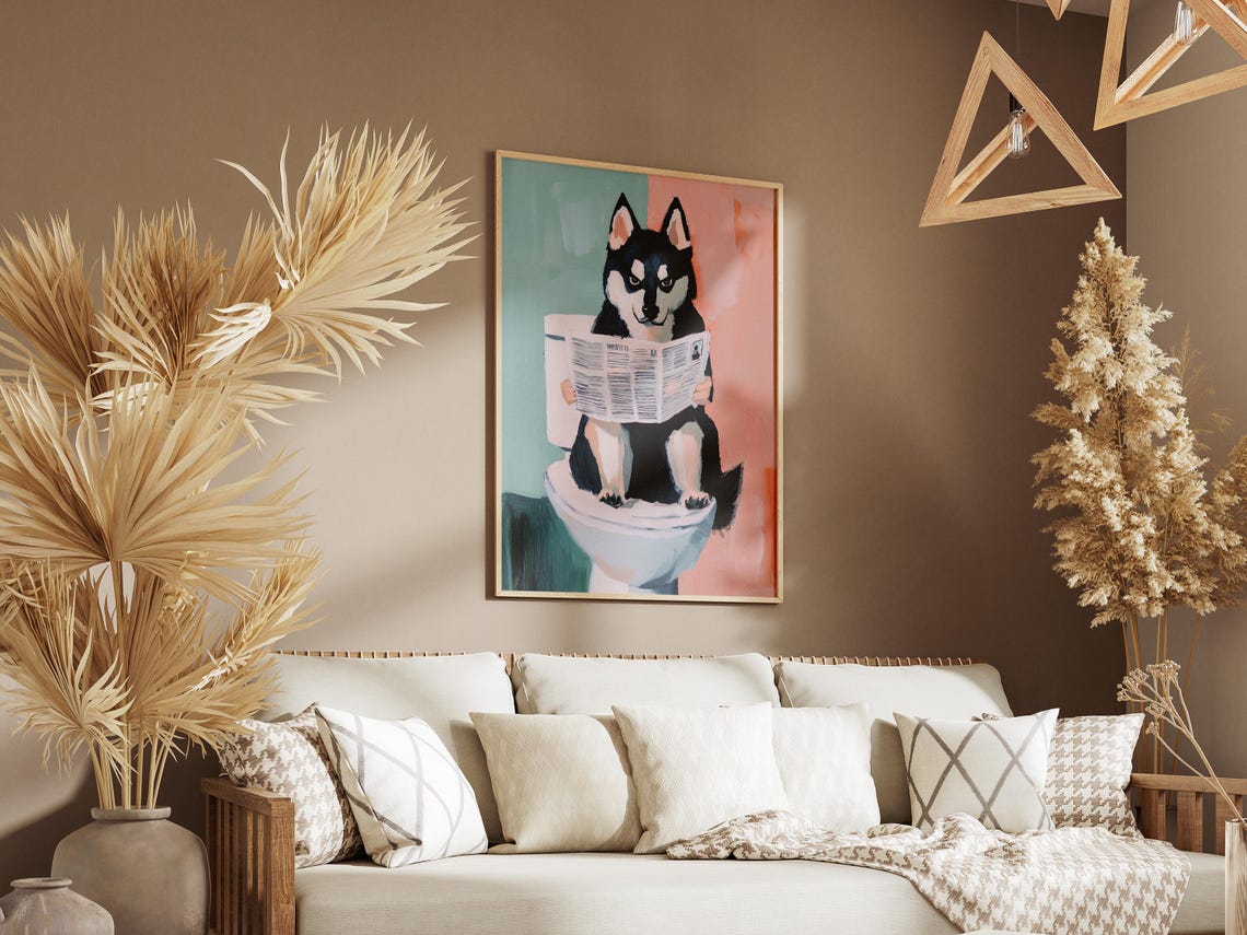 Funny Husky Dog Reading Newspaper On Toilet Cute Husky Poster - Image 3