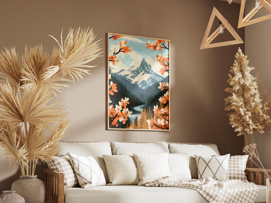 Snowy Mountain Peak Framed By Orange Spring Blossom Branches Poster - Image 3