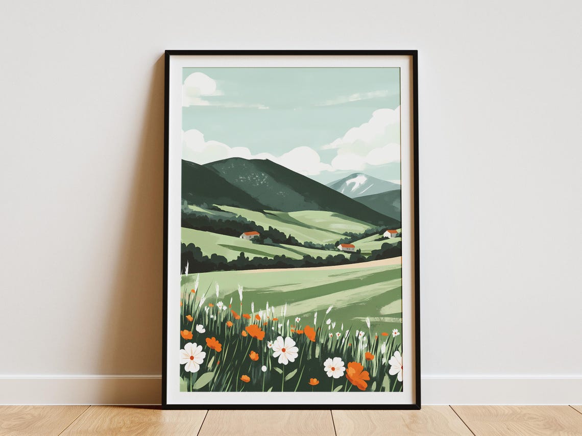 Rolling Green Hills Farmhouse With Wildflower Meadow Art Poster