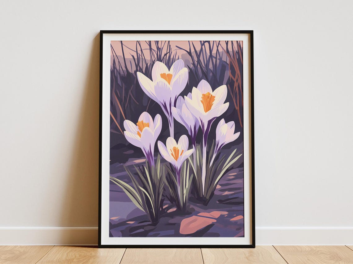 White Crocus Flowers in Purple Twilight Poster of Early Spring Bloom