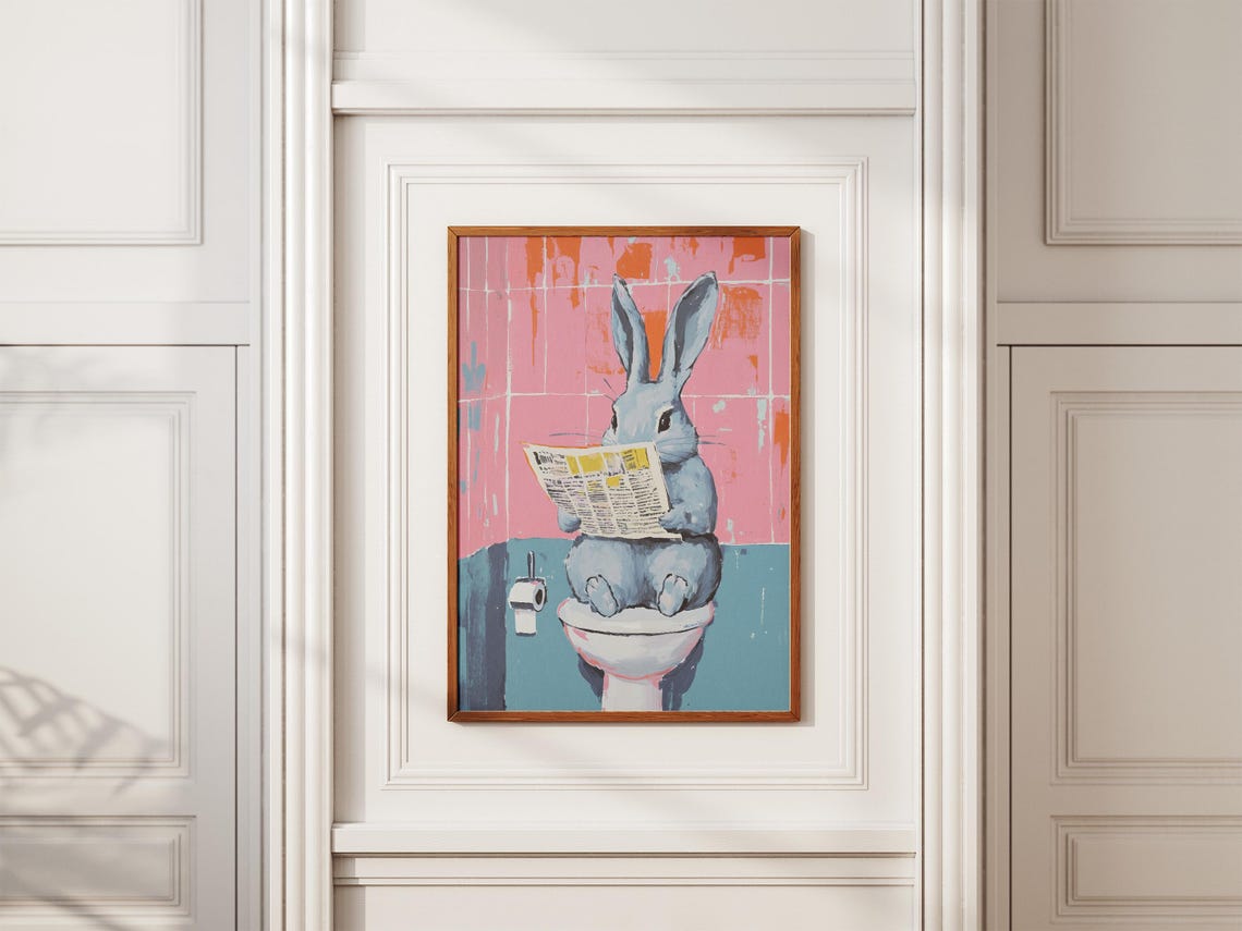 Rabbit on Toilet Reading Newspaper Funny Bathroom Bunny Poster - Image 2