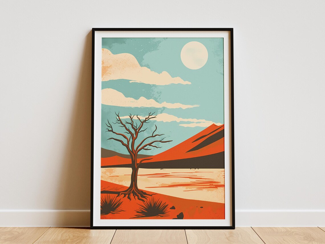 Namibia Desert Landscape Poster Minimalist Art Print Desert Tree Illustration Mid Century Modern Wall Decor