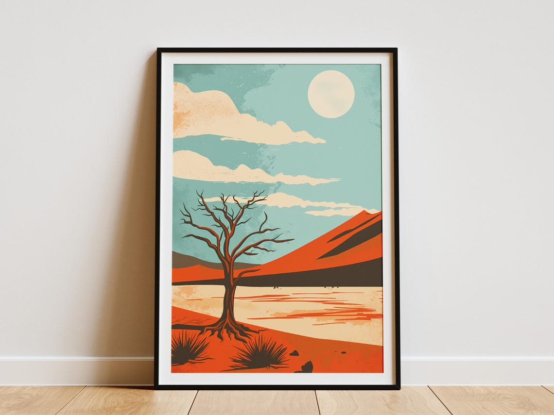 Sossusvlei Namibia Desert Tree Orange Sun Vintage Art Poster