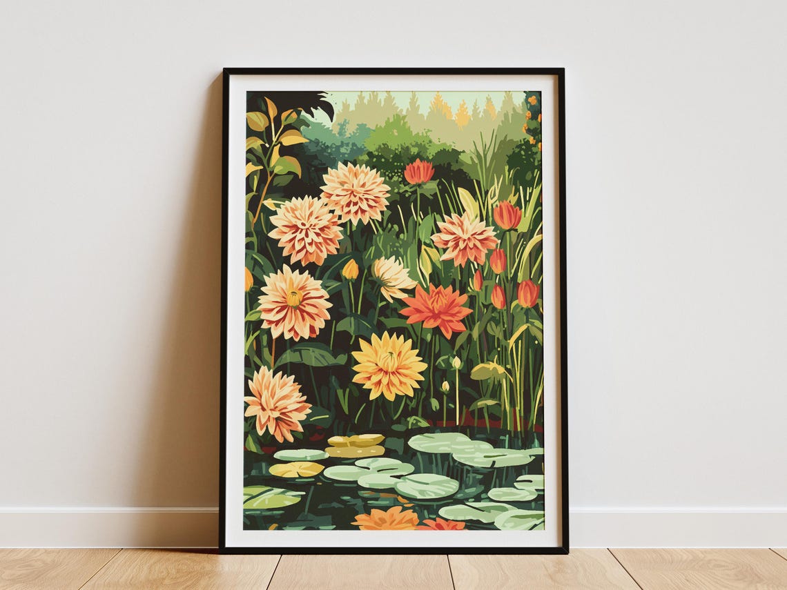 Dahlia Flower Pond With Lily Pads Summer Garden Botanical Poster