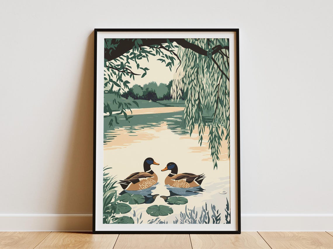 Two Ducks Under Willow Branches Calm Lake Illustration Poster
