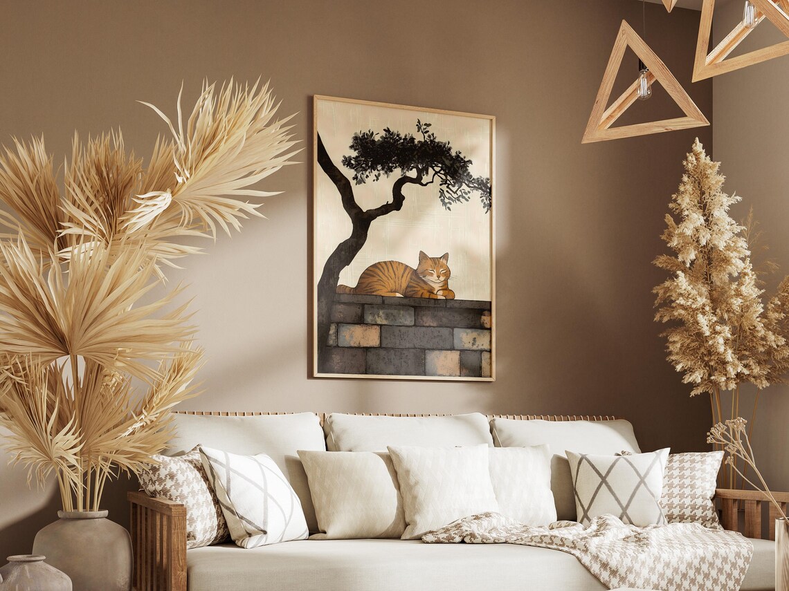 Sleeping Orange Tabby Cat on Stone Wall Beneath a Black Pine Art Poster - Image 3