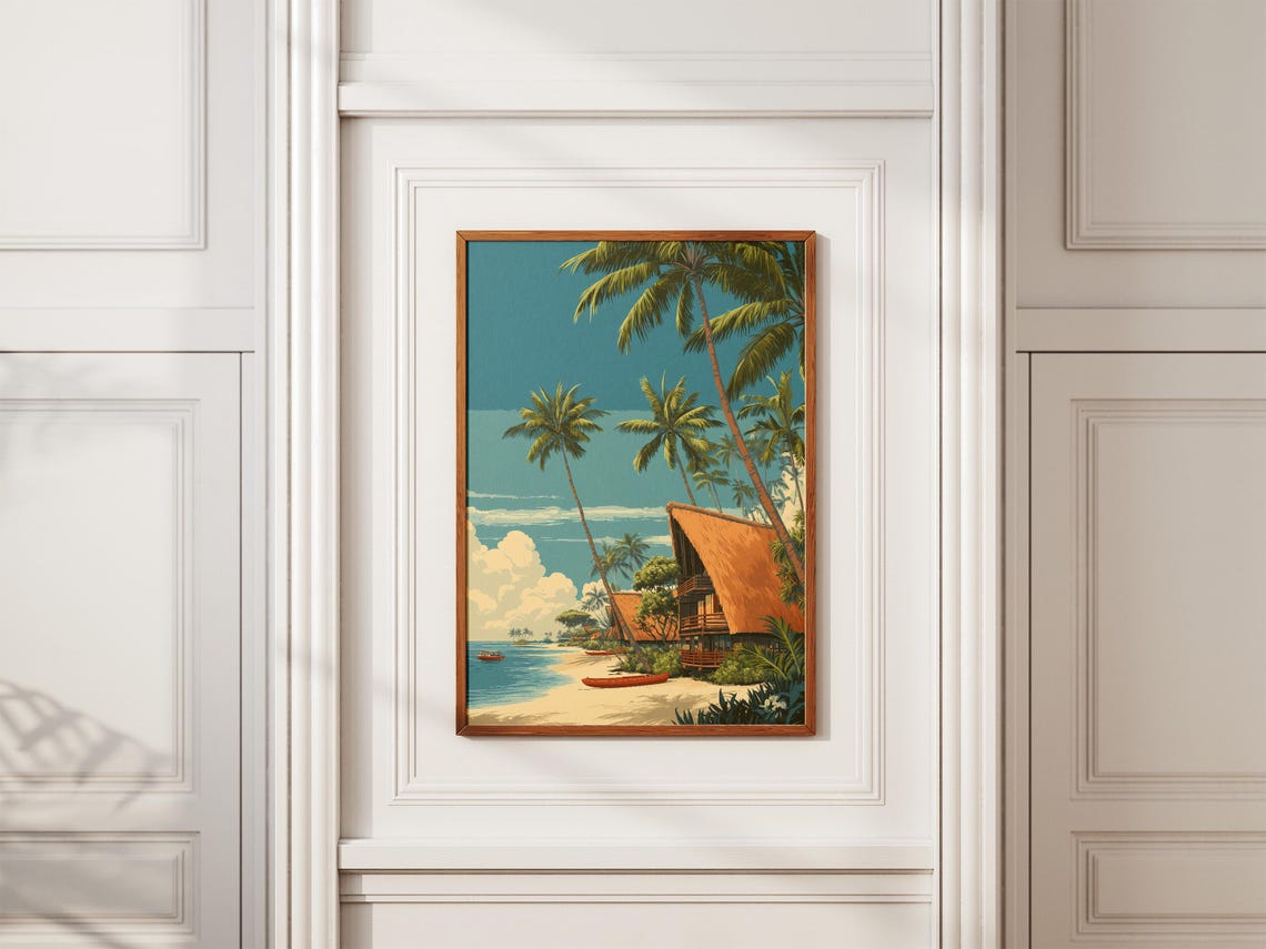 Vintage Hawaiian Beach Village Palm Trees Retro Travel Poster - Image 2