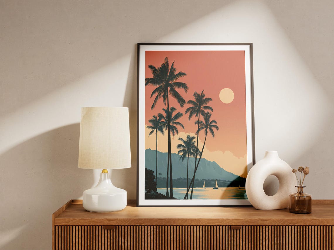 Retro Hawaiian Travel Poster Silhouette Palms Sunset Ocean View - Image 4
