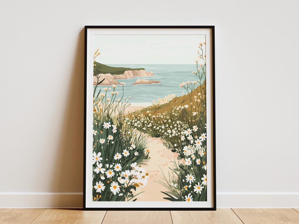 Coastal Wildflower Path to Beach Cliffs and Sea Summer Art Poster