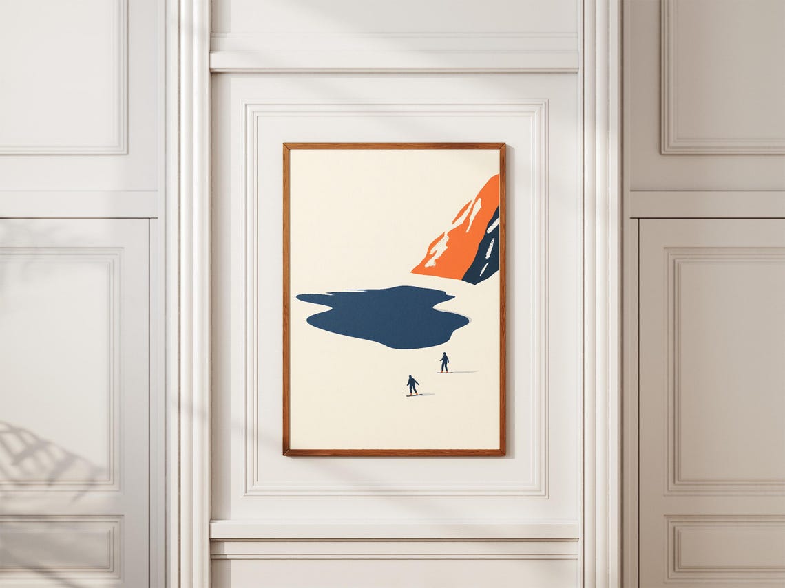 Minimalist Skiers Crossing Frozen Blue Lake Snowfield Poster - Image 2