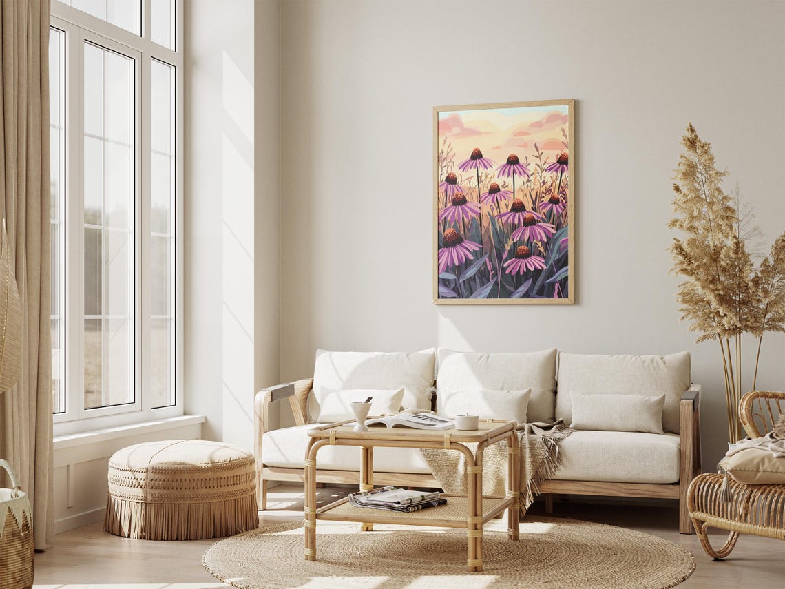 Purple Coneflower Echinacea Sunset Prairie Botanical Art Poster - Image 4