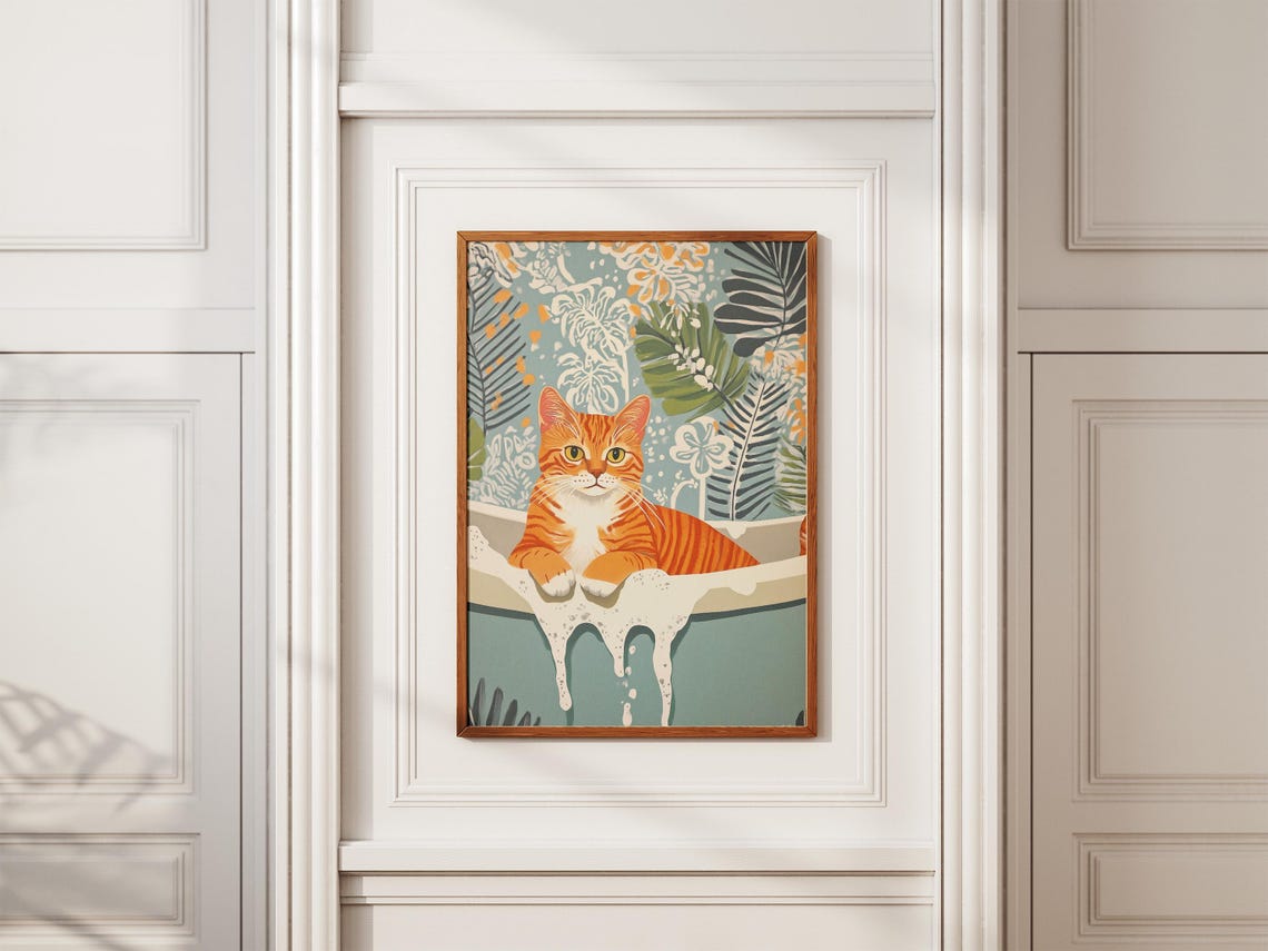 Orange Tabby Cat in Foamy Bathtub Tropical Leaves Cute Cat Wall Poster - Image 2