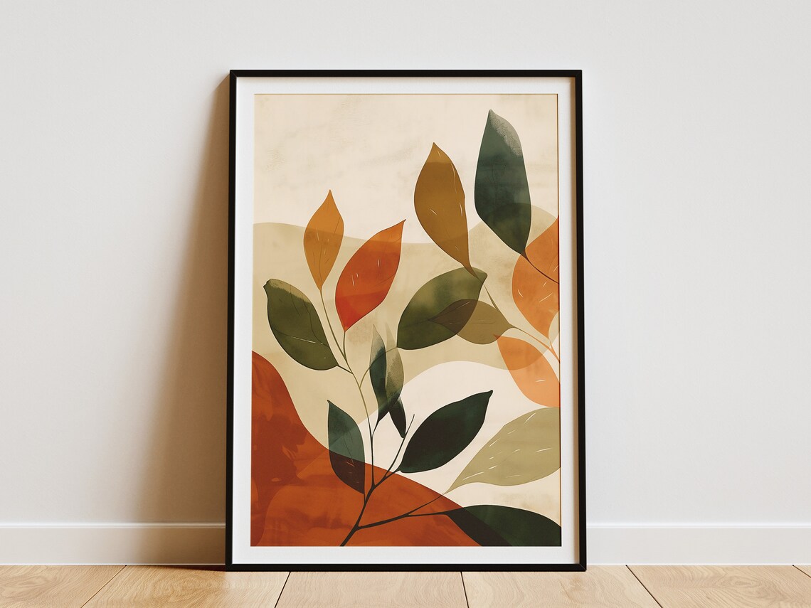 Golden Autumn Leaves Watercolor Botanical Bouquet on Cream Print