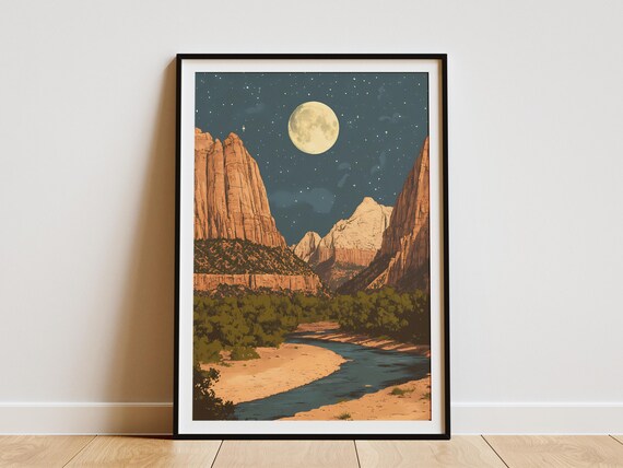 Zion National Park Utah Moonlit Desert Canyon River Starry Night Poster