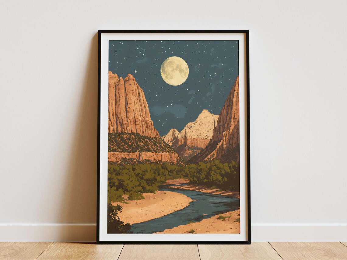 Zion National Park Utah Moonlit Desert Canyon River Starry Night Poster