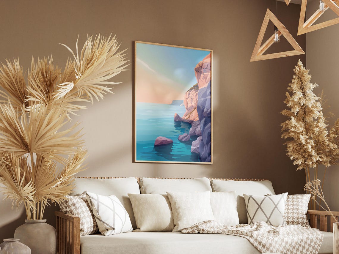 Sunlit Cliffside Turquoise Bay Minimalist Coastal Art Poster - Image 3