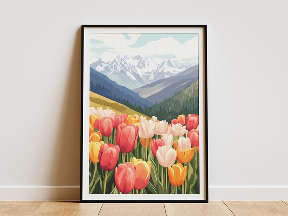 Colorful Tulip Field Snowy Mountains Spring Landscape Art Poster