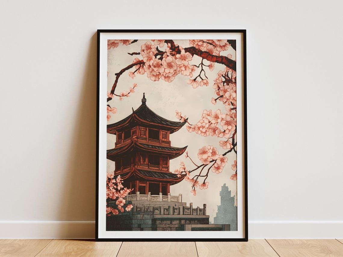Red Pagoda Temple Cherry Blossom Branches Japanese Art Poster