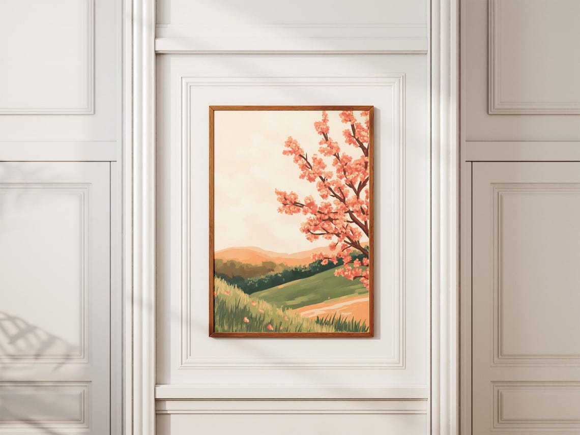 Peach Blossom Branches Over Rolling Green Valley Hills Poster - Image 2