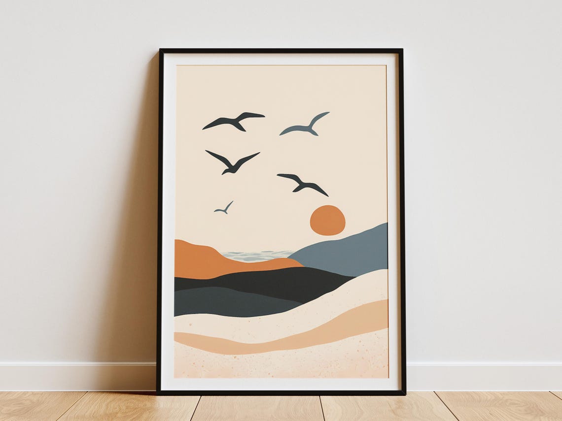 Seagulls over Sunset Dunes Abstract Coastal Landscape Poster