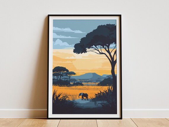 African Savanna Sunset Poster Elephant Acacia Tree Wall Decor Gift