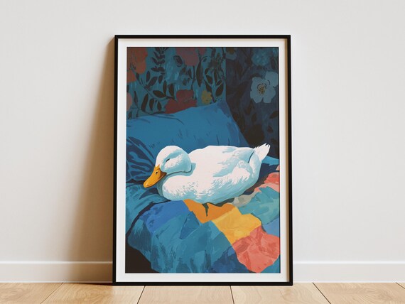 White Duck Sleeping on Blue Bed Floral Headboard Cozy Art Poster