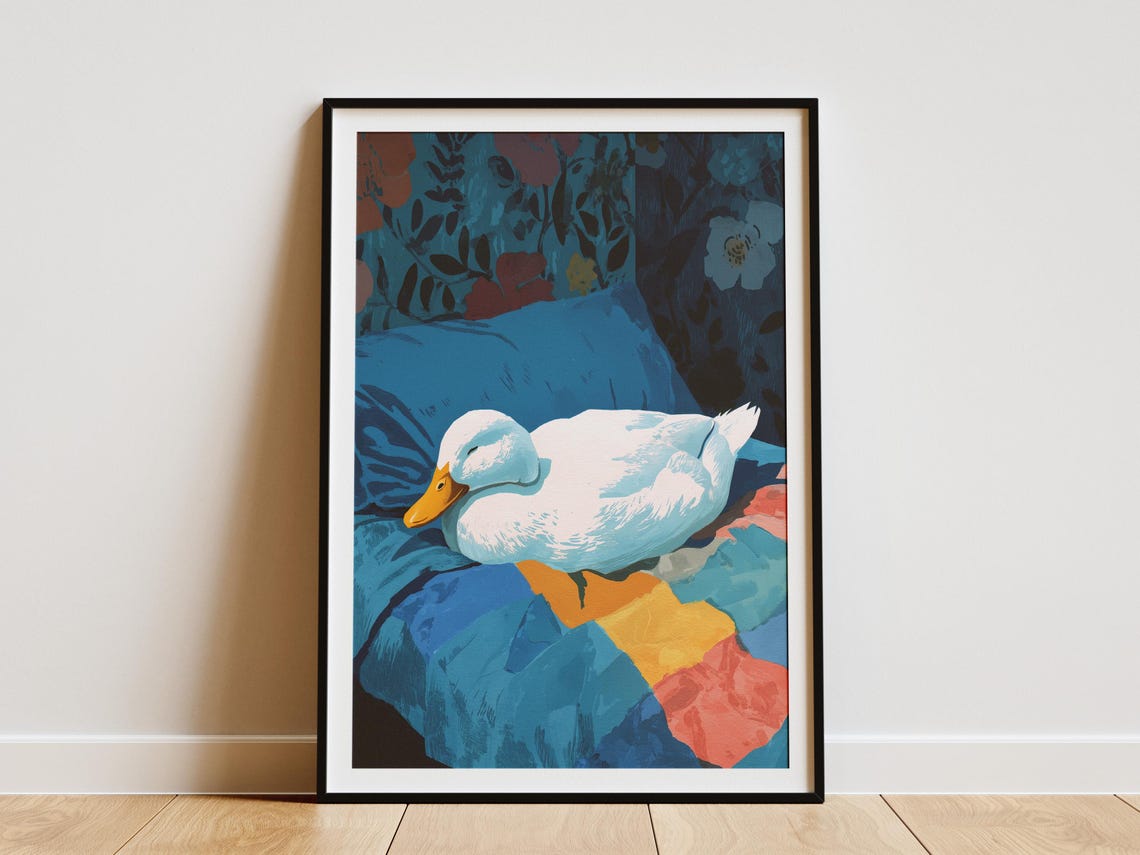 White Duck Sleeping on Blue Bed Floral Headboard Cozy Art Poster