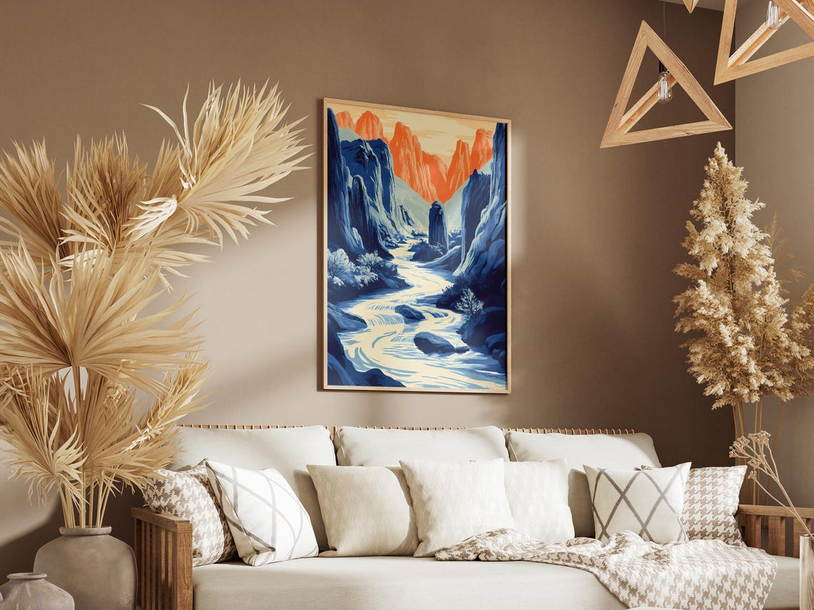 Canyon River Poster Blue River Landscape Print Nature Wall Art Modern Home Decor Blue And Orange Minimalist Artwork Abstract Mountain Scene - Image 3