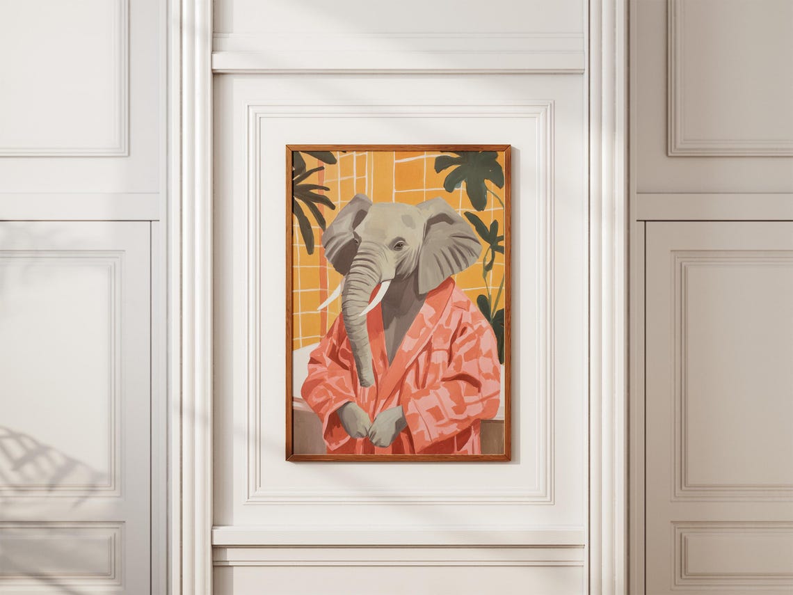 Elephant in Coral Bathrobe Yellow Tile Monstera Bathroom Poster - Image 2