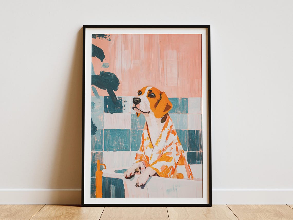 Beagle Dog Tying On a Bright Orange Patterned Bathrobe Poster