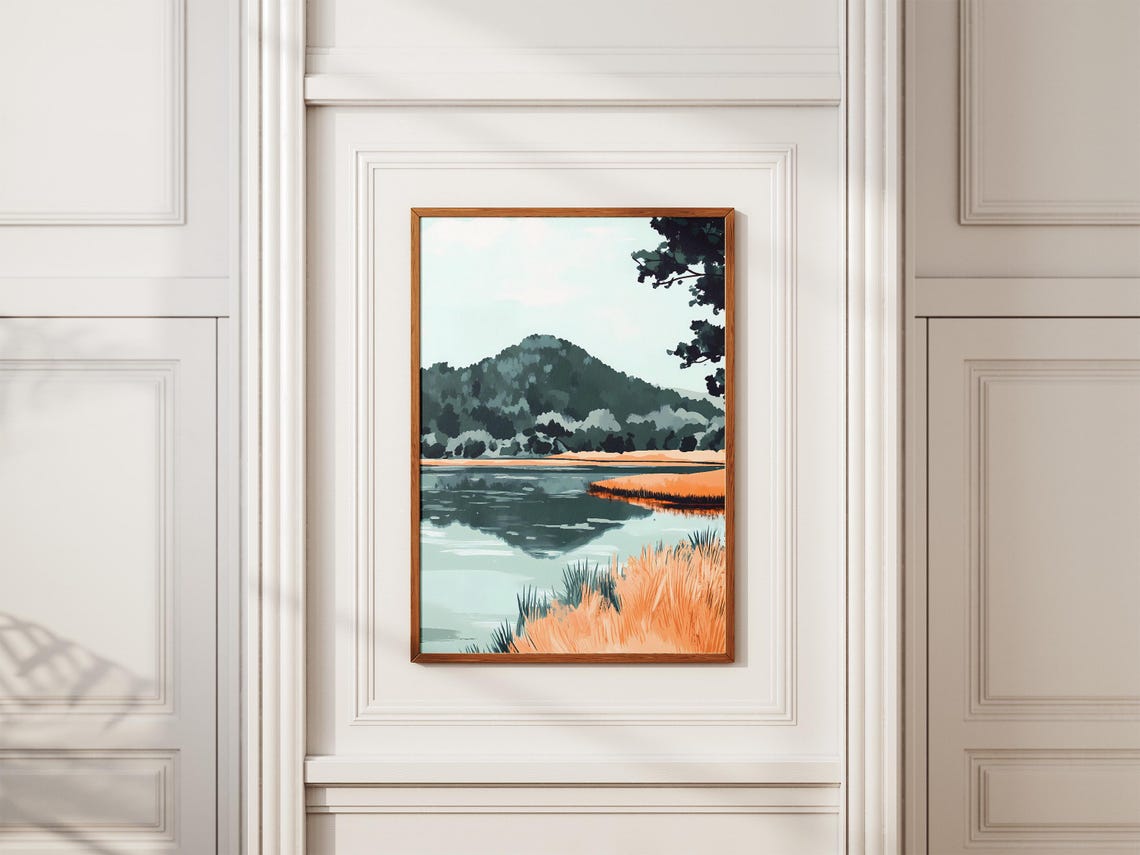 Mountain Lake Framed By Autumn Marsh Reeds Quiet Landscape Poster - Image 2