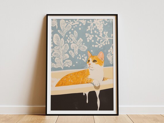 Orange And White Cat In Bathtub Poster Cute Funny Pet Bathroom Art