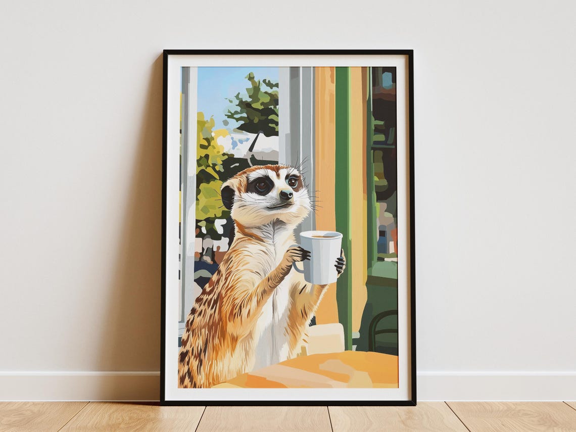 Meerkat Coffee Poster Funny Animal Cafe Wall Decor Whimsical Gift