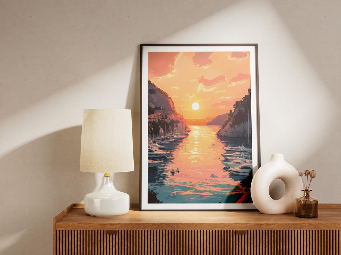 Sunset Harbor With Yachts Between Rocky Cliffs Orange Sky Poster - Image 5