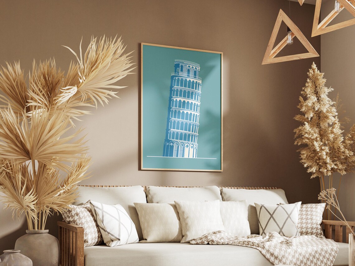 Leaning Tower Of Pisa Minimalist Teal Illustration Travel Poster - Image 3