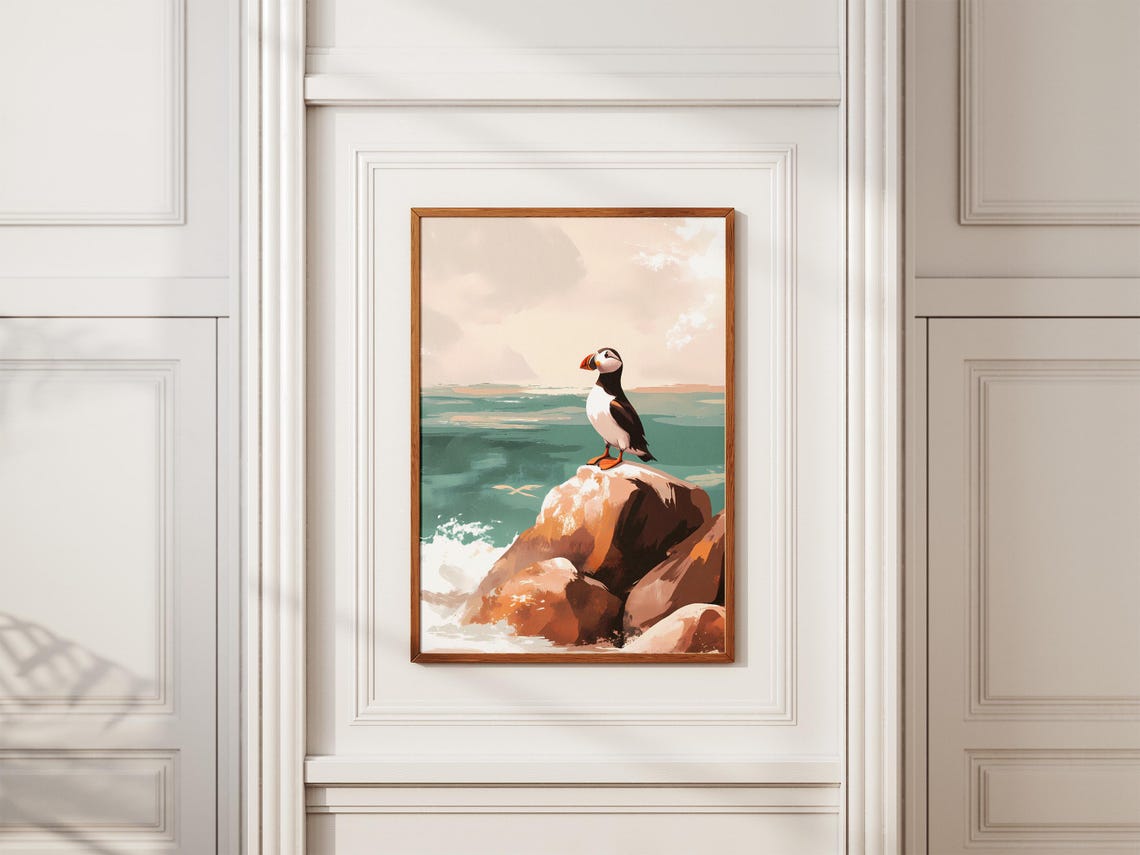 Puffin on Coastal Rocks with Crashing Waves Seabird Art Poster - Image 2