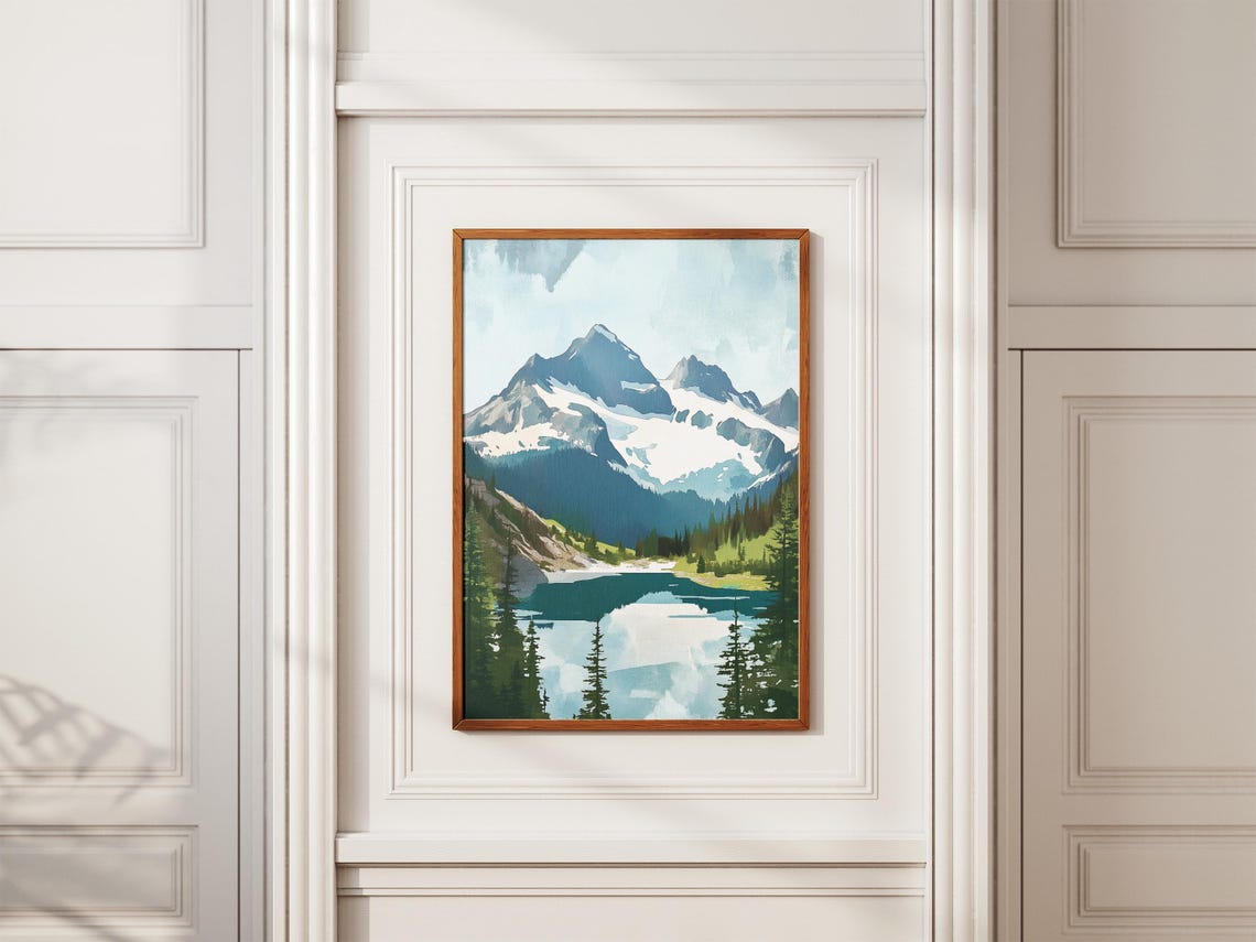 Snowy Mountain Lake Reflection Alpine Watercolor Landscape Poster - Image 2