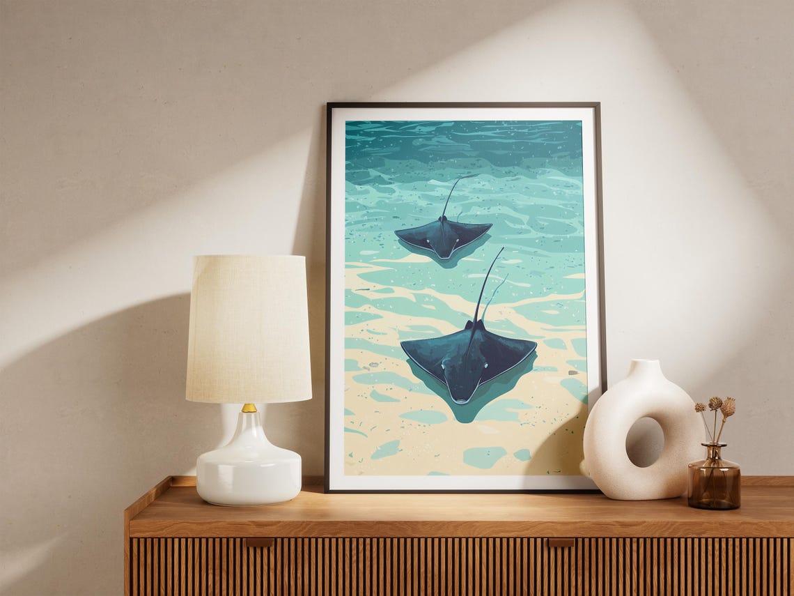 Two Stingrays Gliding Over Shallow Turquoise Water Ocean Poster - Image 5