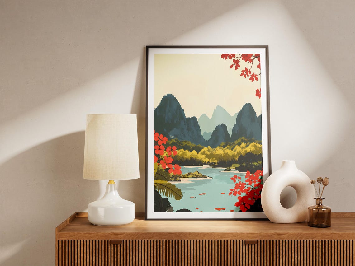 Yangshuo China Karst Mountains River Red Blossoms Travel Poster - Image 5
