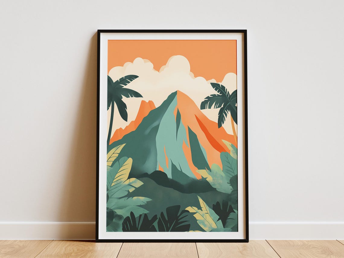 Mount Kinabalu Tropical Peak Lush Palm Fringe Malaysia Travel Poster