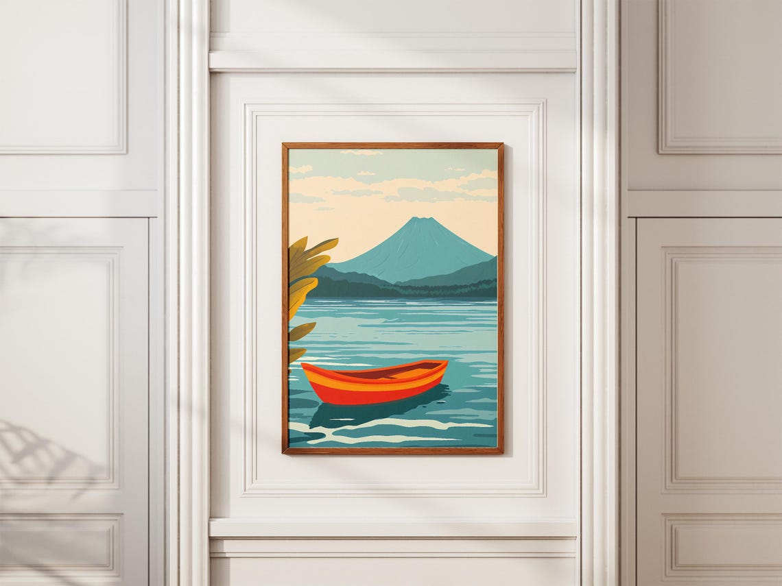 Lake Atitlan Orange Canoe Volcano Lake Retro Style Travel Poster - Image 2