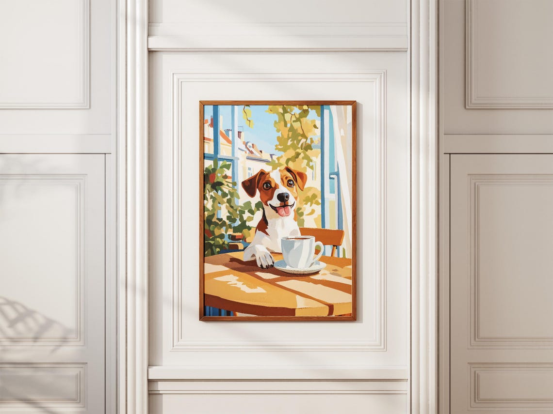 Happy Jack Russell Terrier Smiling with Coffee at Cafe Poster - Image 2