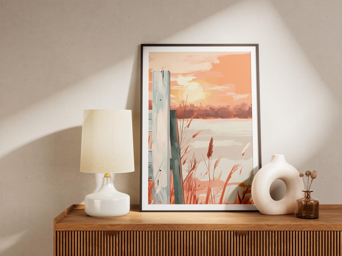 Sunset Over a Calm Lake with Wooden Posts and Reeds Art Poster - Image 5