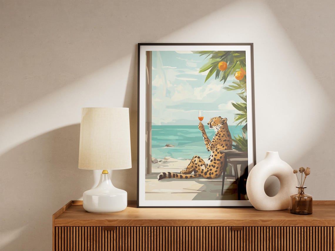 Cheetah Sipping a Cocktail on a Terrace Overlooking the Sea Poster - Image 5
