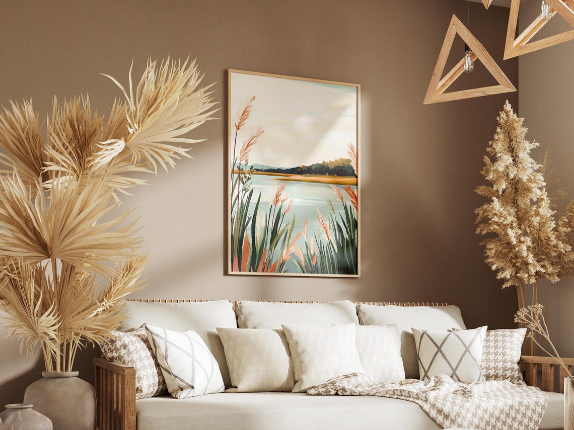 Tranquil Lakeshore Reeds Over Calm Water Nature Landscape Poster - Image 3