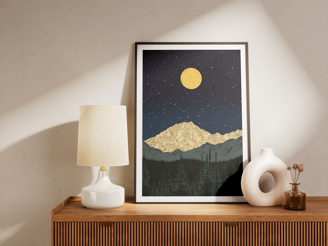 Denali National Park Alaska Moonlit Snowy Peaks Forest Starry Art Poster - Image 4
